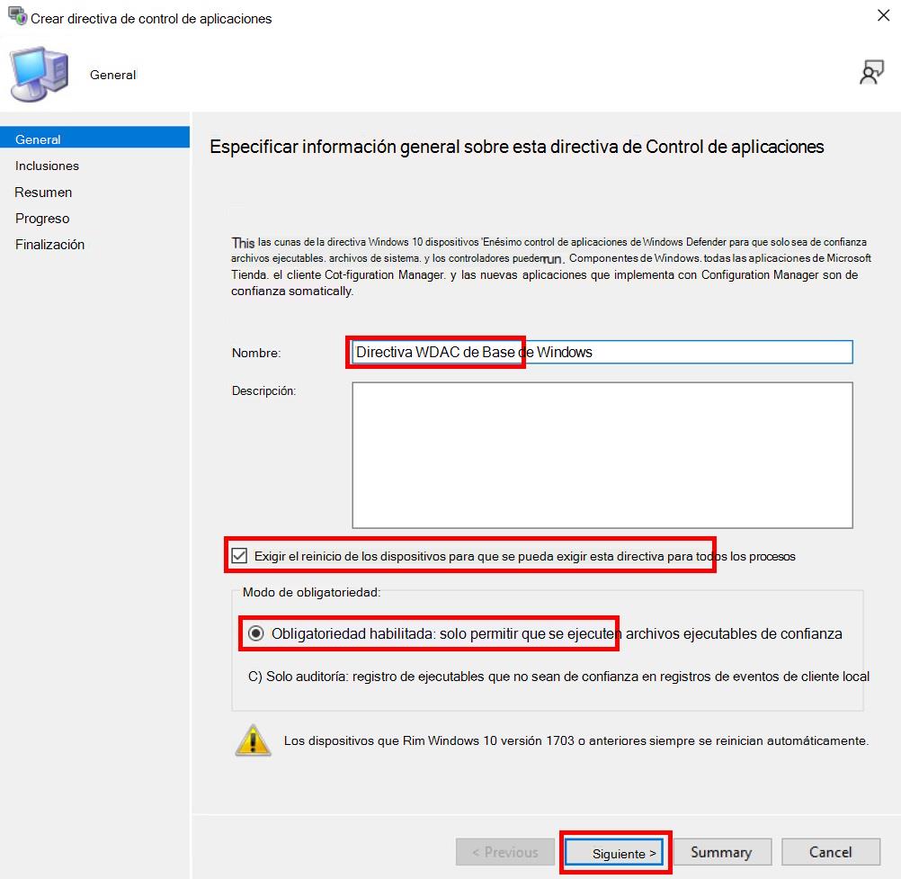 Cree una directiva de Control de aplicaciones aplicada en Configuration Manager.