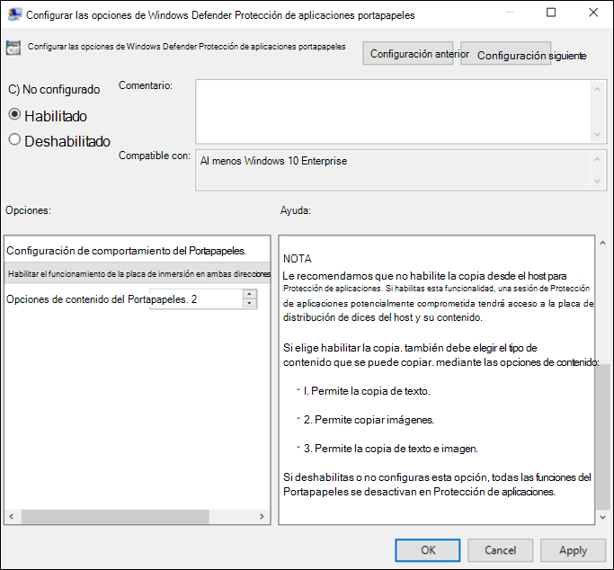 directiva de grupo opciones del Portapapeles del editor.