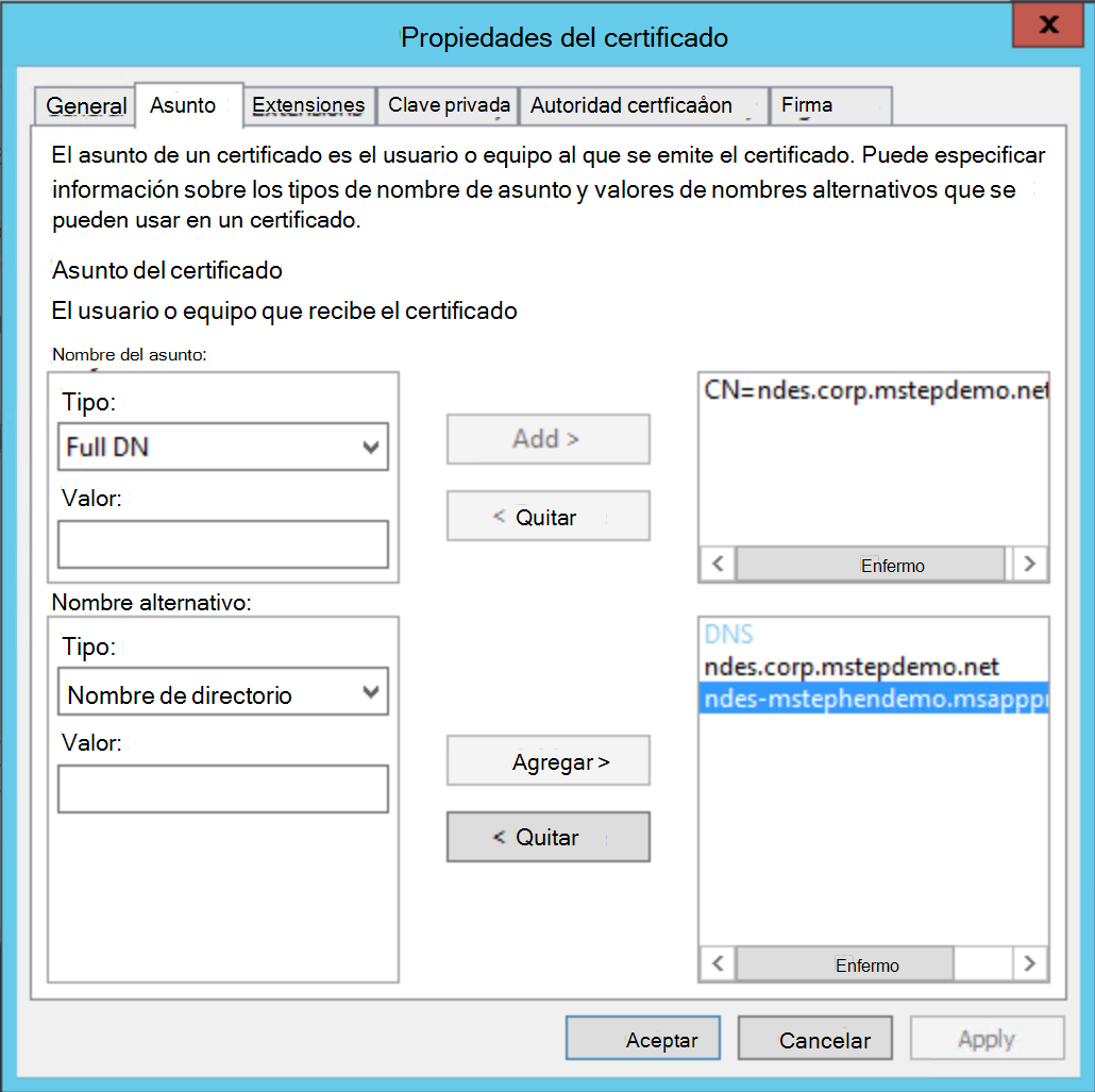 Ejemplo de pestaña Asunto de propiedades de certificado: esto es lo que se muestra al hacer clic en el vínculo anterior.