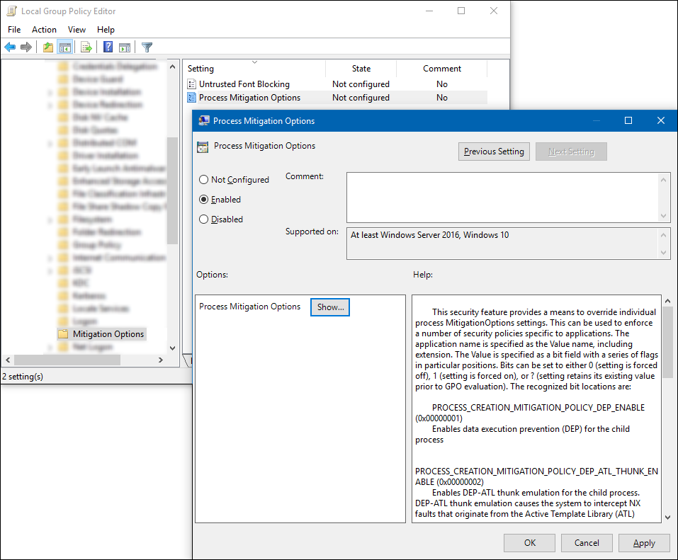 Captura de pantalla del editor de directivas de grupo: Opciones de mitigación de procesos con la configuración habilitada y el botón Mostrar activo.