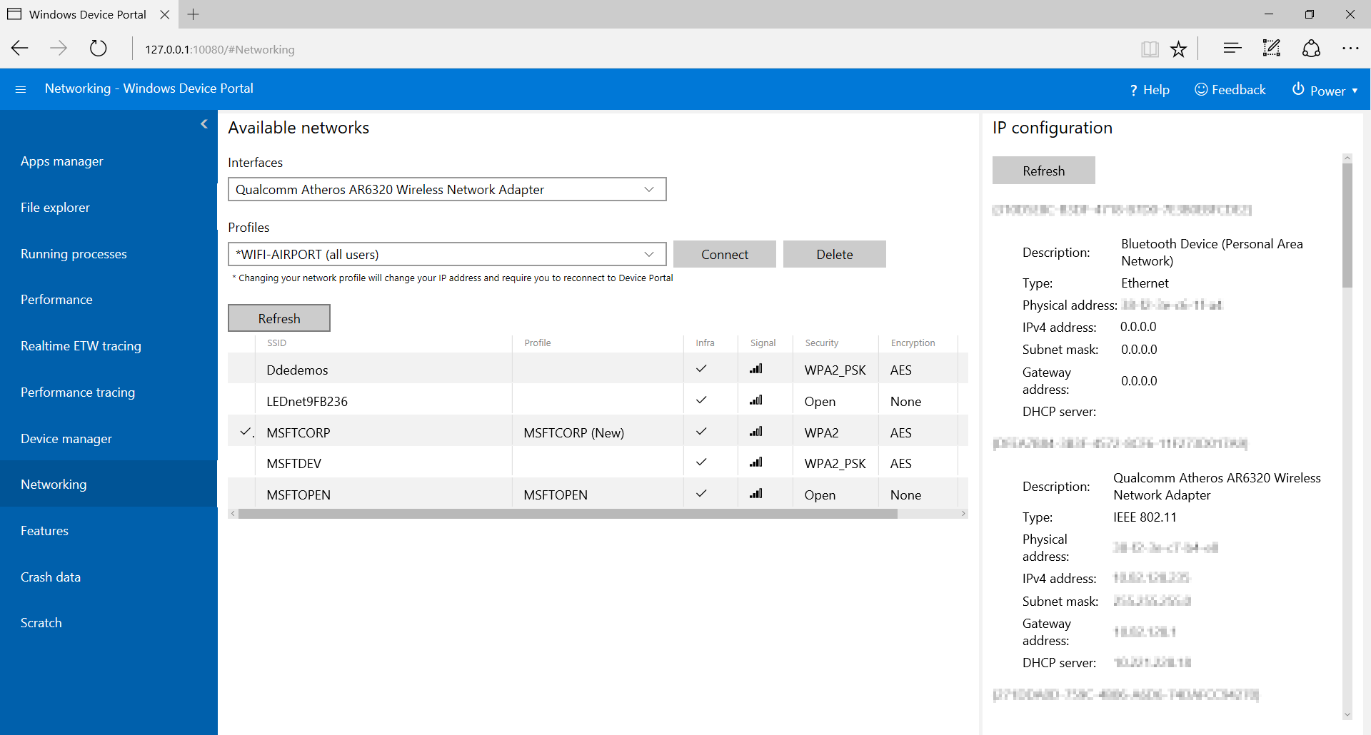 Página de redes del Portal de dispositivos