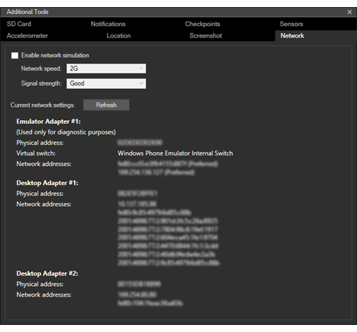 Página Network de las herramientas adicionales del emulador