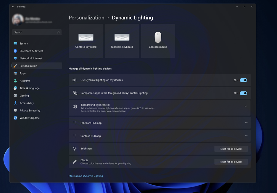 Captura de pantalla de la pantalla de configuración de Iluminación dinámica.