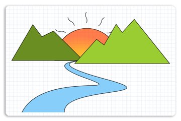 ilustración de un río, montañas y el sol