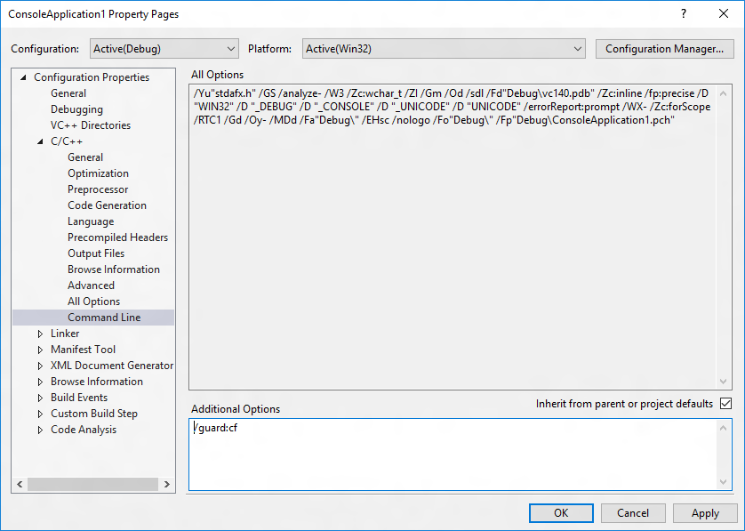 Captura de pantalla de la configuración de compilación de las opciones adicionales de la línea de comandos de C/C++ en Visual Studio con la propiedad establecida en /guard:cf