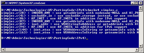 checkv4.exe notifica incompatibilidades de ipv6 en el archivo simples.c