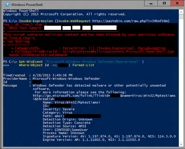 Windows Defender detecting the AMSI test sample