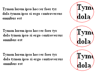 Ilustración que muestra el mismo bloque de texto tres veces, con ampliaciones de cada una que muestra una alineación ligeramente diferente