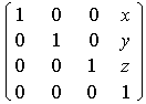 Diagrama que muestra la matriz de traducción 4x4 especificada por x, y, z.