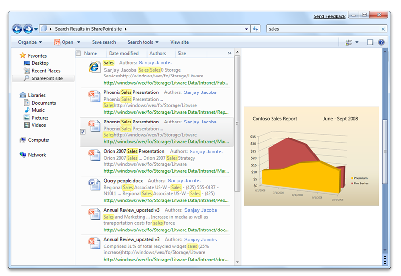 captura de pantalla que muestra los resultados de búsqueda de un sitio de SharePoint tal y como se muestra en el Explorador de Windows