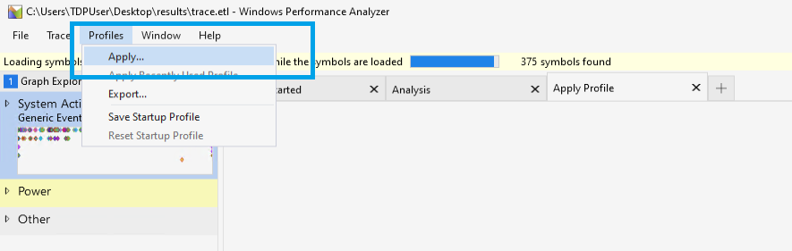 Captura de pantalla que muestra Windows Performance Analyzer aplicando el perfil