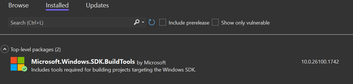 Captura de pantalla que muestra el paquete Microsoft.Windows.SDK.BuildTools en la pantalla NuGet en Visual Studio