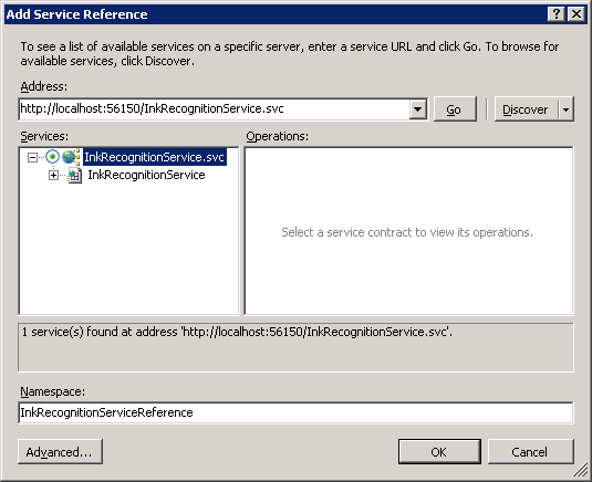 Cuadro de diálogo Agregar referencia de servicio con inkrecognitionservice seleccionado y cambiado el espacio de nombres