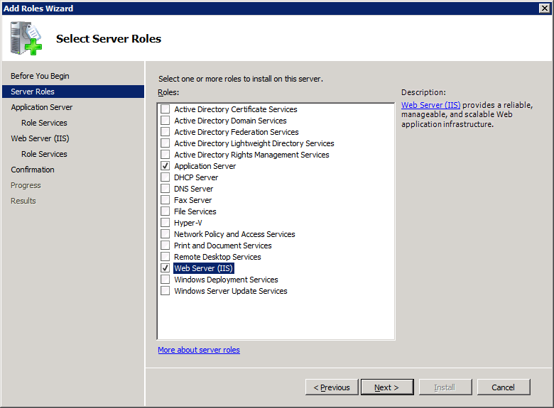 Cuadro de diálogo Seleccionar roles de servidor con roles de servidor web (iis) y de servidor de aplicaciones seleccionados