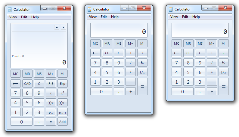 captura de pantalla de tres tamaños de calculadora 