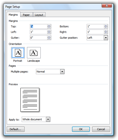 captura de pantalla del cuadro de diálogo configuración de página 