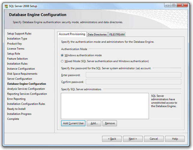 captura de pantalla del Asistente para la instalación de SQL Server 