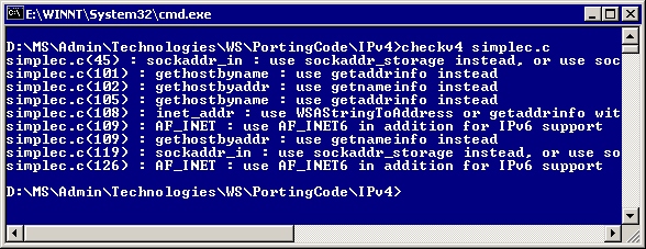 checkv4.exe notifica incompatibilidades de ipv6 en el archivo simplec.c