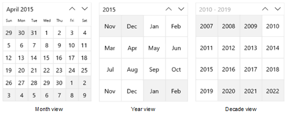 Vistas mes, año y década del calendario