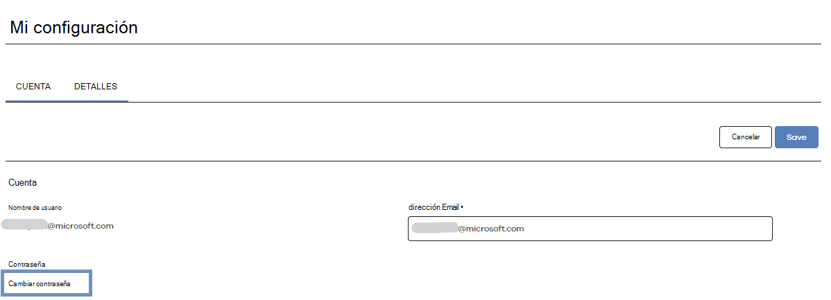 Captura de pantalla que muestra la pantalla Mi configuración en la que puede cambiar la contraseña.