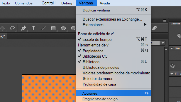 Captura de pantalla que muestra el proceso de selección de Acciones en el menú Ventana de Adobe Animate C.