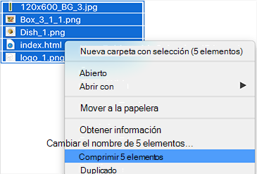 Captura de pantalla que explica cómo puede seleccionar todo el contenido y comprimir el contenido en un archivo .zip.