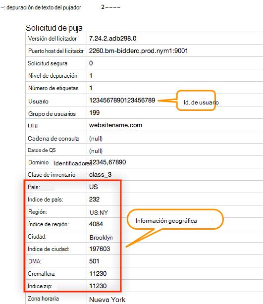 Captura de pantalla del identificador de usuario y la información geográfica de un texto de depuración del licitador de ejemplo.