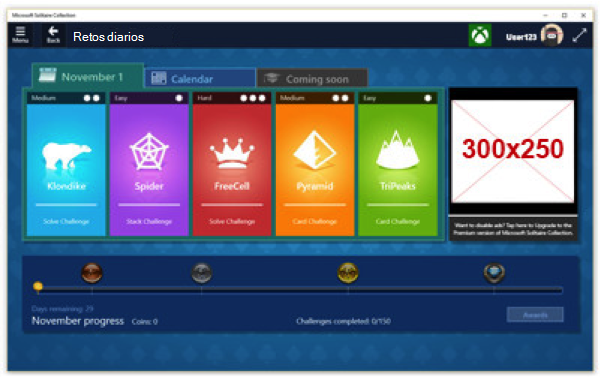 Captura de pantalla de las subpantalla de Microsoft Solitaire Collection.