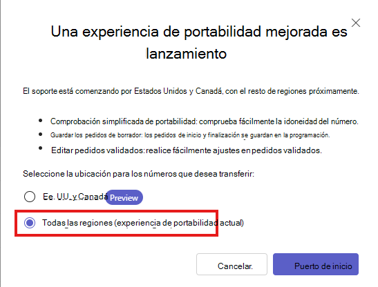 Captura de pantalla que muestra el asistente de portabilidad de número del Centro de administración de Teams para todas las regiones.
