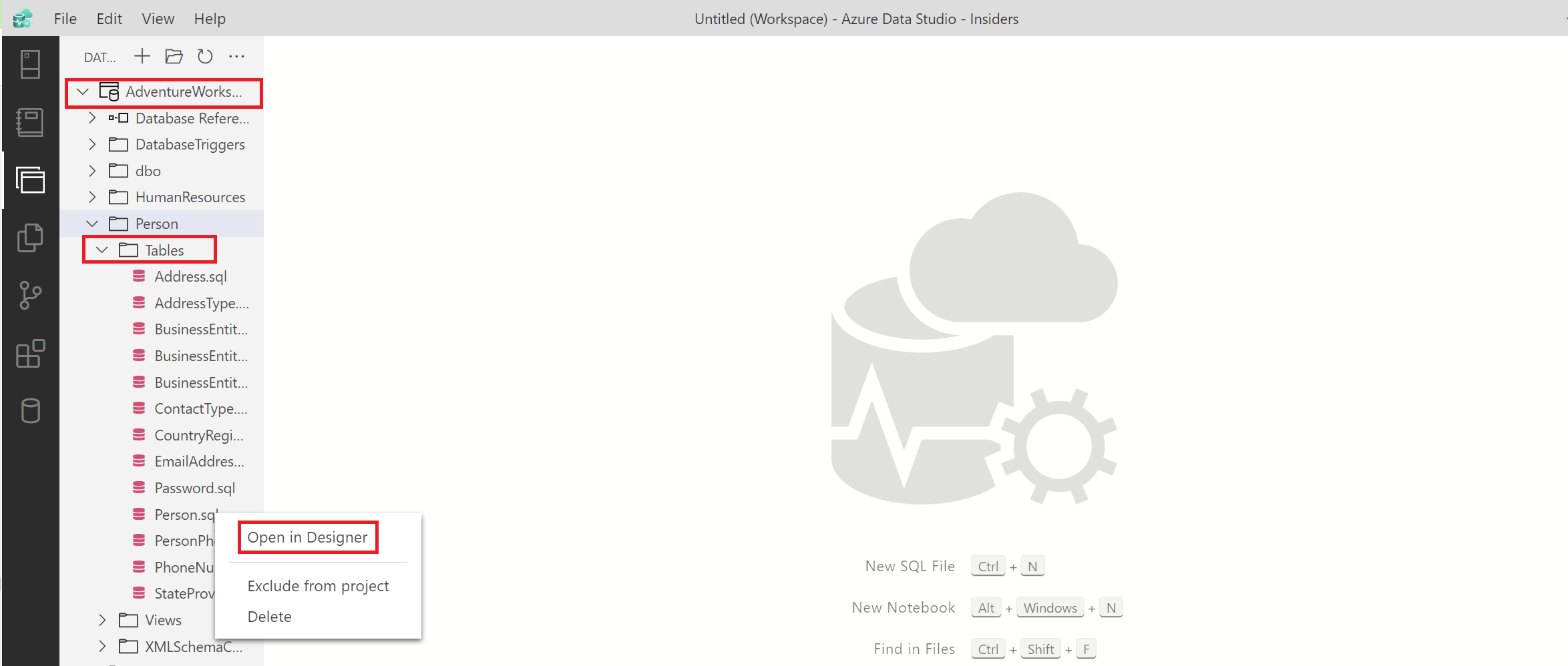 Captura de pantalla de Azure Data Studio en la que se muestra cómo abrir una tabla en modo sin conexión mediante la extensión Proyectos de SQL Database.