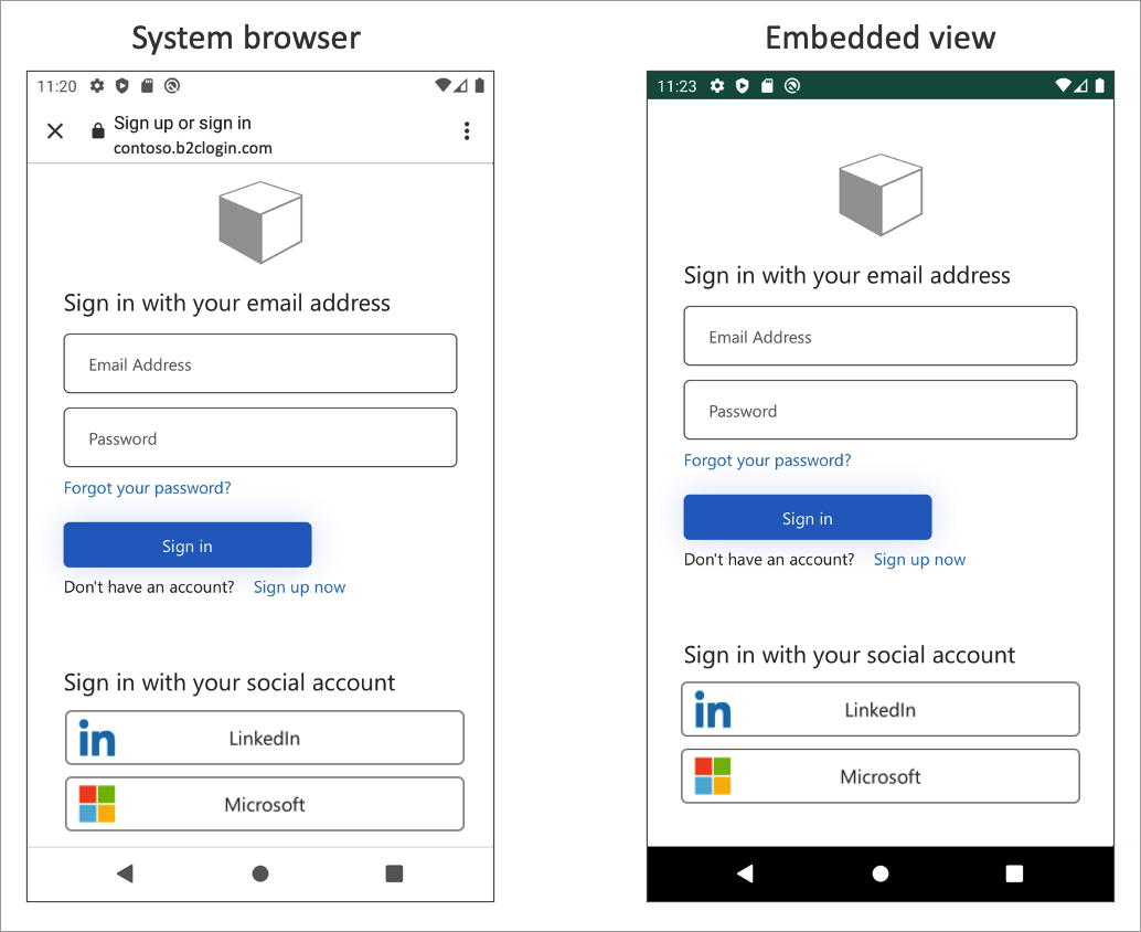 Captura de pantalla que muestra la diferencia entre la experiencia de vista web del sistema y la experiencia de vista web insertada.