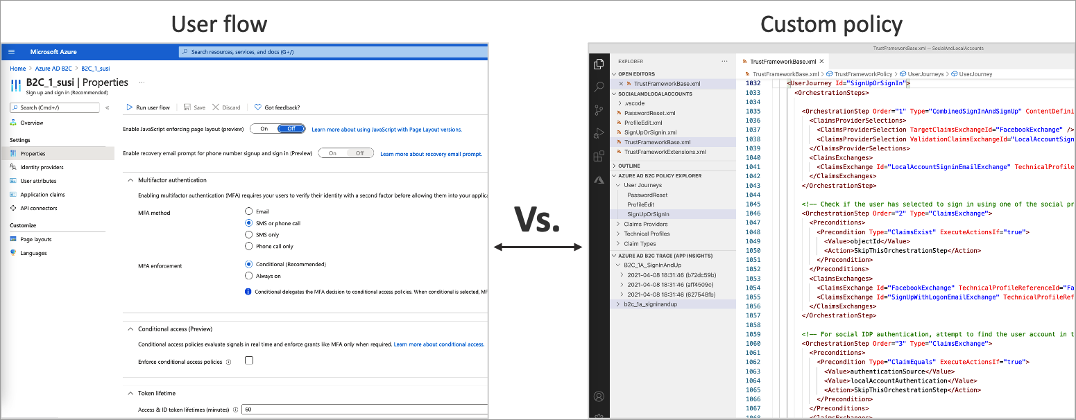 En la captura de pantalla se muestra la interfaz de configuración de flujos de usuario con relación a archivos de configuración de directivas personalizadas.