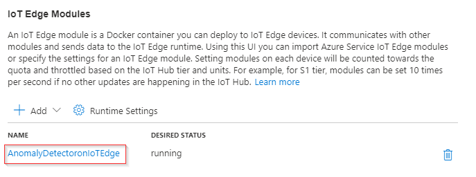 Imagen de la interfaz de usuario de Módulos de IoT Edge con el vínculo AnomalyDetectoronIoTEdge resaltado con un cuadro rojo para indicar que es el elemento que se debe seleccionar.