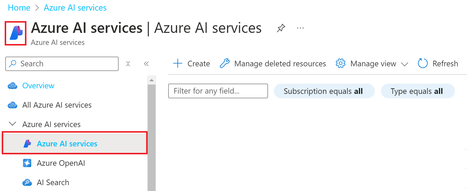 Captura de pantalla de la página de recursos de varios servicios en Azure Portal.