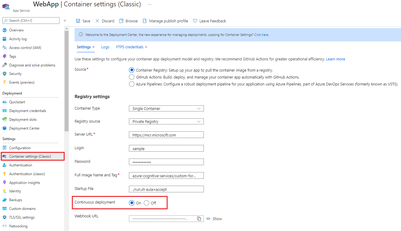 Captura de pantalla de la ampliación de la configuración del contenedor para la implementación continua.