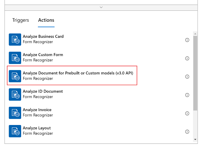 Captura de pantalla del botón de selección Analizar documento para modelos precompilados o personalizados (API v3.0).