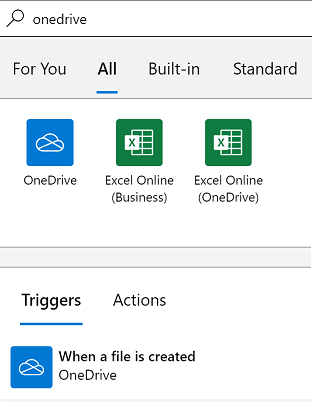 Captura de pantalla de la página de selección de conectores y desencadenadores de OneDrive.