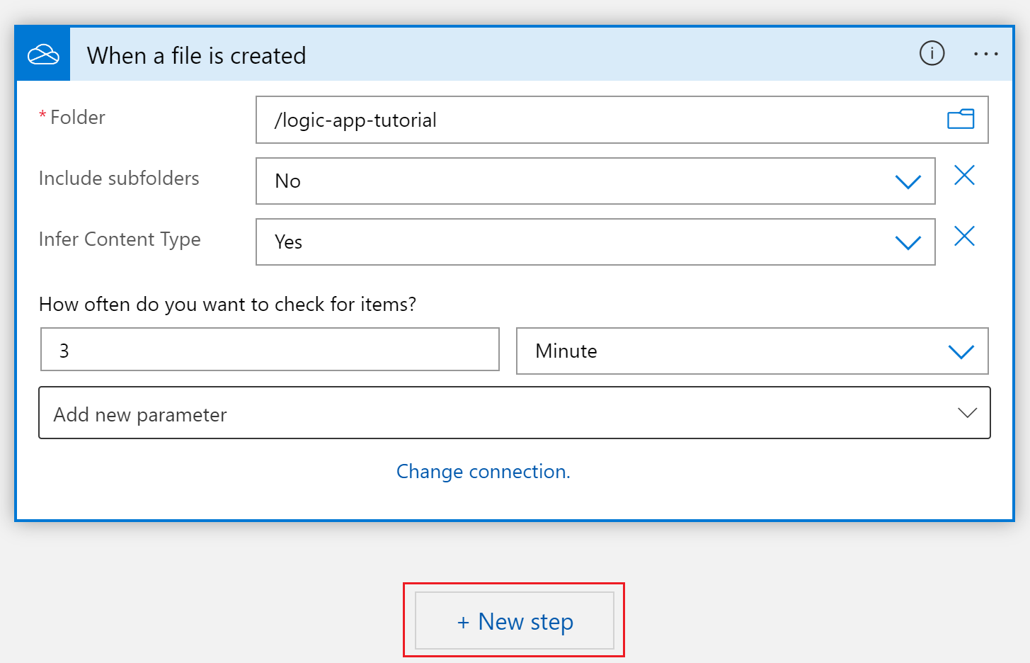 Captura de pantalla de la configuración del desencadenador de OneDrive.