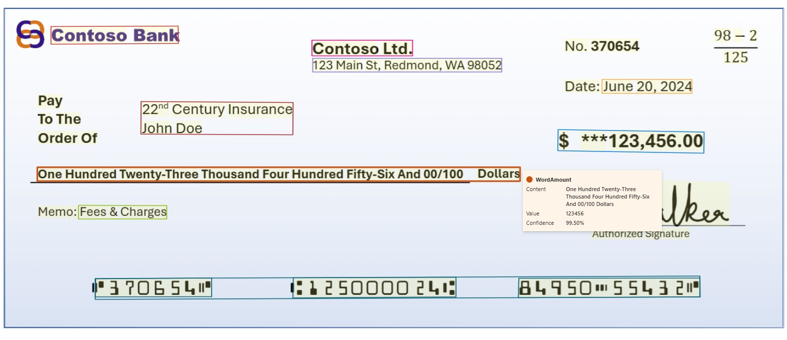 Recorte de pantalla de la extracción del modelo de cheque bancario con Estudio de Documento de inteligencia.