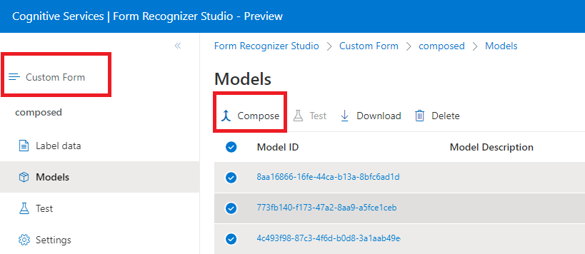 Captura de pantalla de la ventana de configuración de modelos en Studio de Documento de inteligencia.