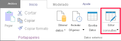 El grupo Datos externos de la cinta Inicio