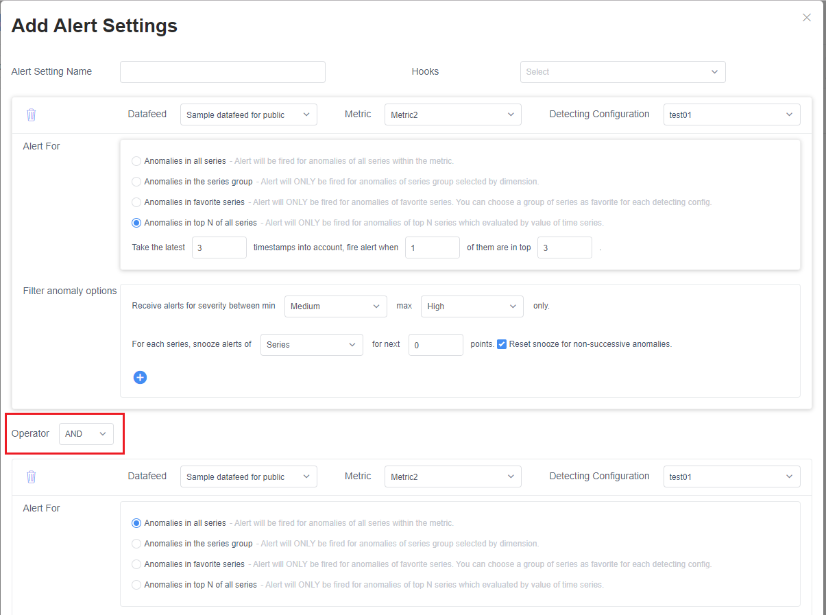 Operador para varias secciones de configuración de alertas