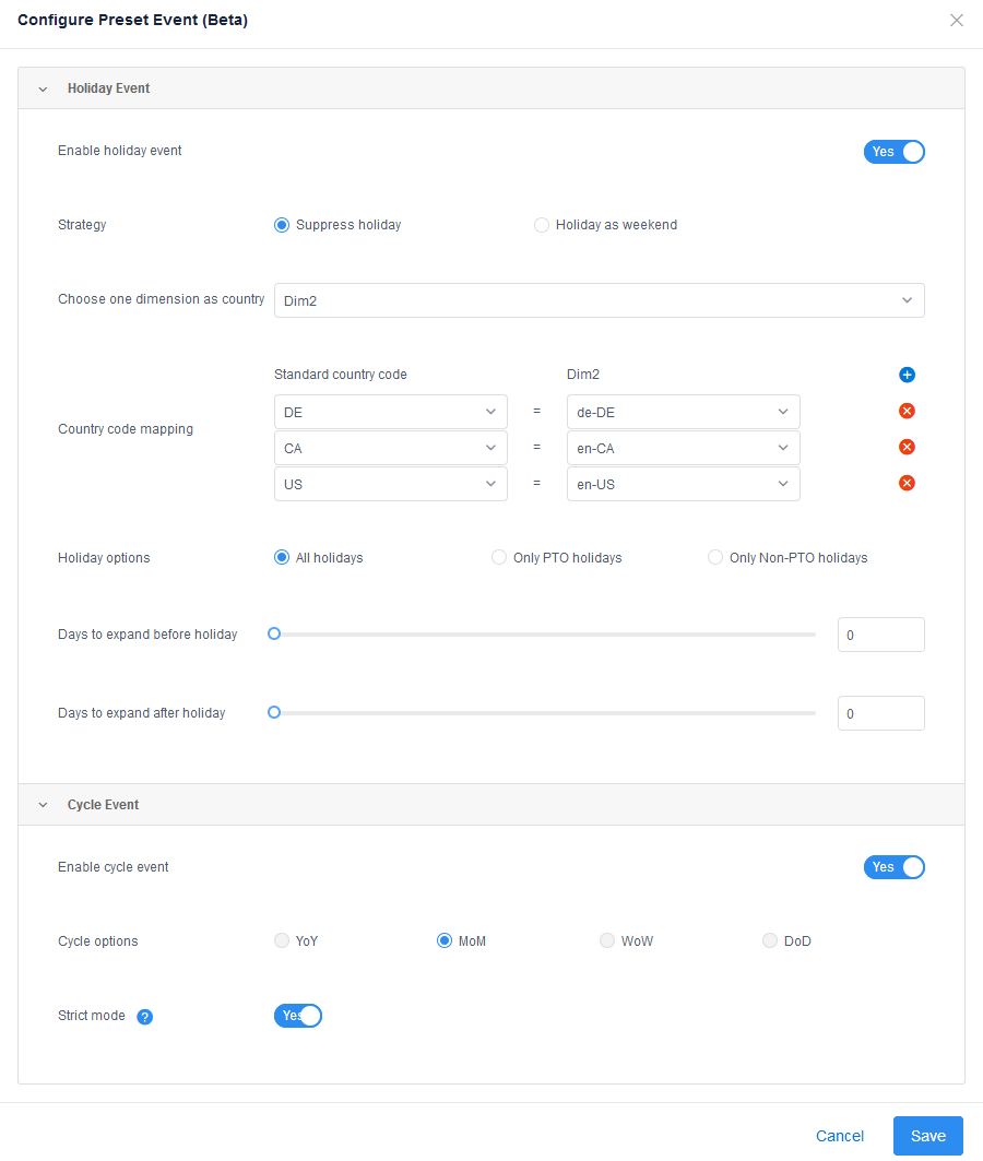 configuración de eventos preestablecidos