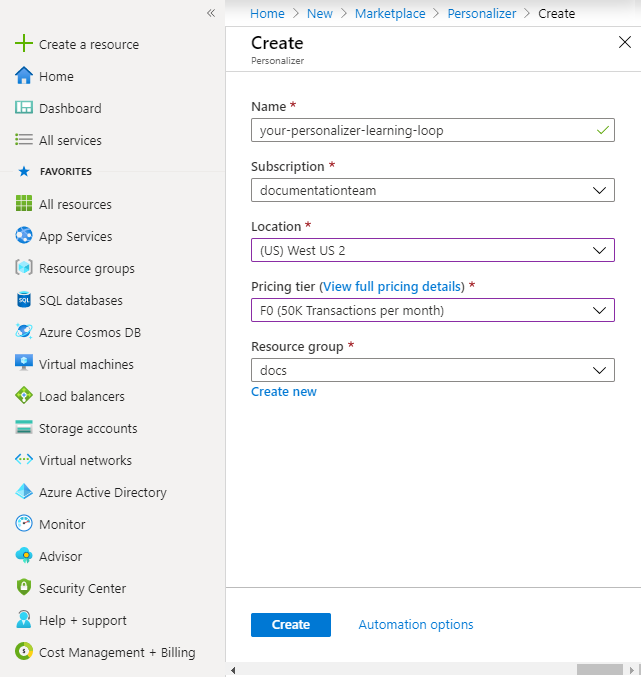 Use Azure Portal para crear el recurso de Personalizer, también denominado bucle de aprendizaje.