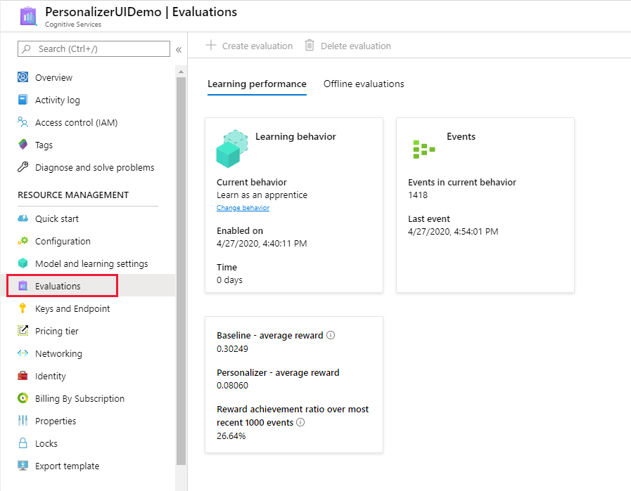 Captura de pantalla de revisión de la evaluación del comportamiento de aprendizaje del modo de aprendiz en Azure Portal