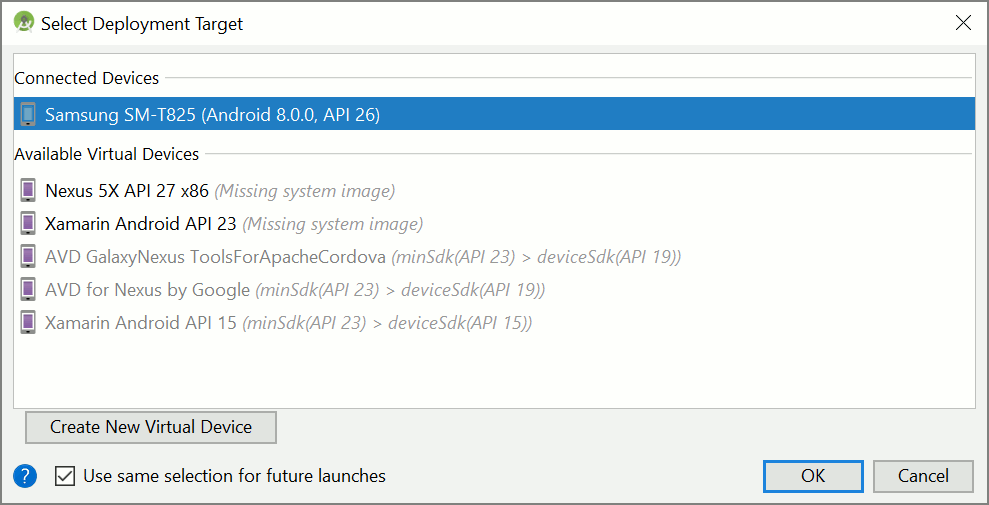 Captura de pantalla de la ventana Select Deployment Target (Seleccionar destino de implementación)