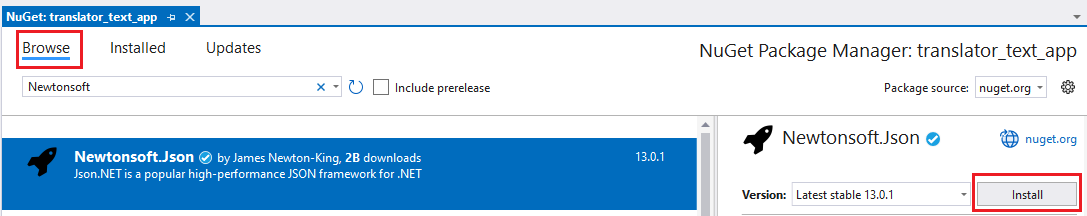 Captura de pantalla del botón de instalación de paquetes NuGet.