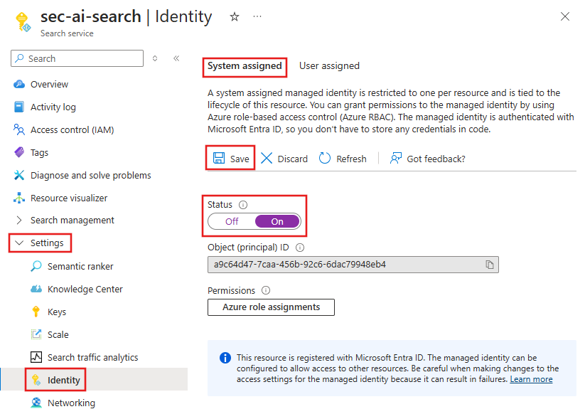 Captura de pantalla de AI Search con una configuración de identidad administrada por el sistema.