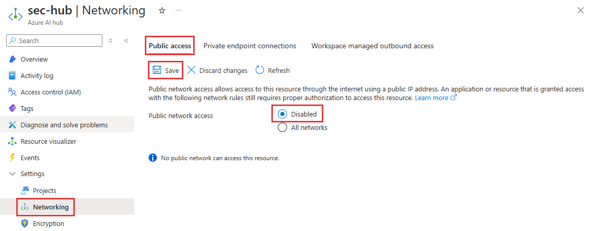 Captura de pantalla de la configuración del centro de Azure AI Foundry con acceso público deshabilitado.