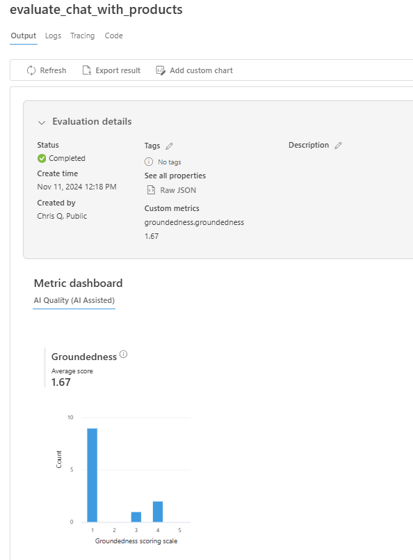 Recorte de pantalla que muestra información general sobre la evaluación en el portal de Azure AI Foundry.